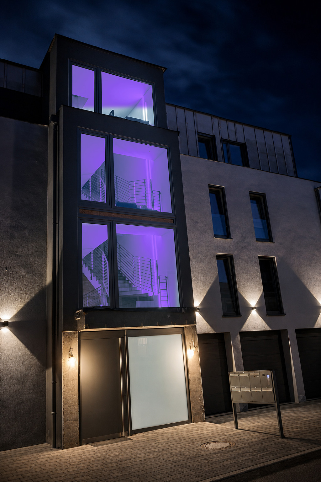 Gebäude bei Nacht mit wechselnder Beleuchtung